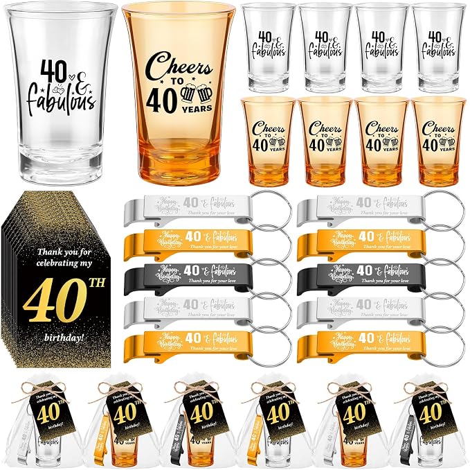 Domensi 50 Sets 40th Birthday Party for Guests Bulk Include Cheers to 40 Short Glasses Beer Bottle Opener Keychains Thank You Cards with Gift Bags and Ropes for Birthday Party Gifts
