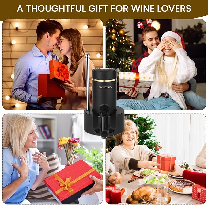 BLUBYEES 3-in-1 Electric Wine Aerator & Decanter Set with Stand Base - Automatic Pump Dispenser, Retractable Tube, and Built-in Pourer, Ideal Gift for Wine Lovers