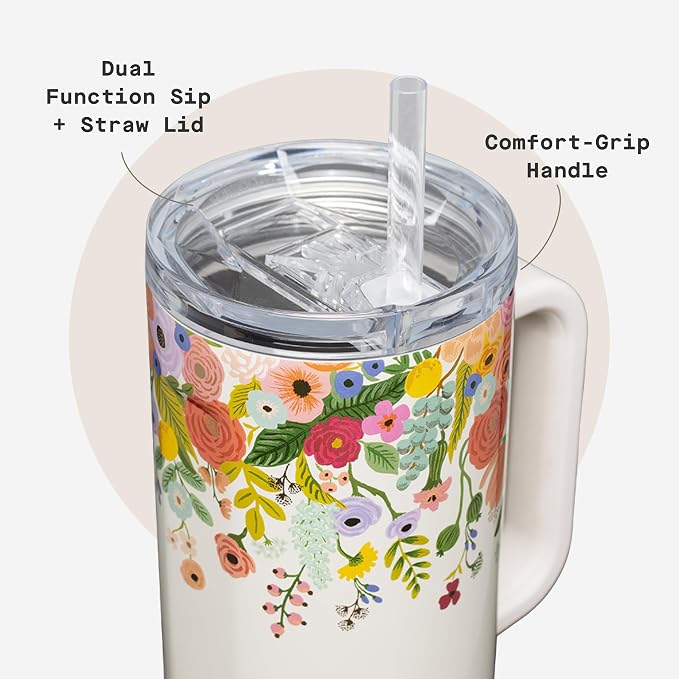 Corkcicle x Rifle Paper Co. Cruiser Insulated Tumbler with Handle & Straw - Keeps Drinks Cold 20 Hours - BPA-Free - Gift for Mom - Great for Mother's Day or Christmas - 40 oz - Garden Party Cream
