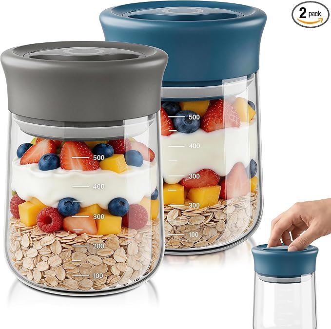 OURCABECUE Wide Mouth Mason Jar 16oz, Newly Upgraded Easy Open Rotating Lid, Food Grade Glass Storage Jar set of 2, for Overnight Oats Yogurt Snacks Candy Jars