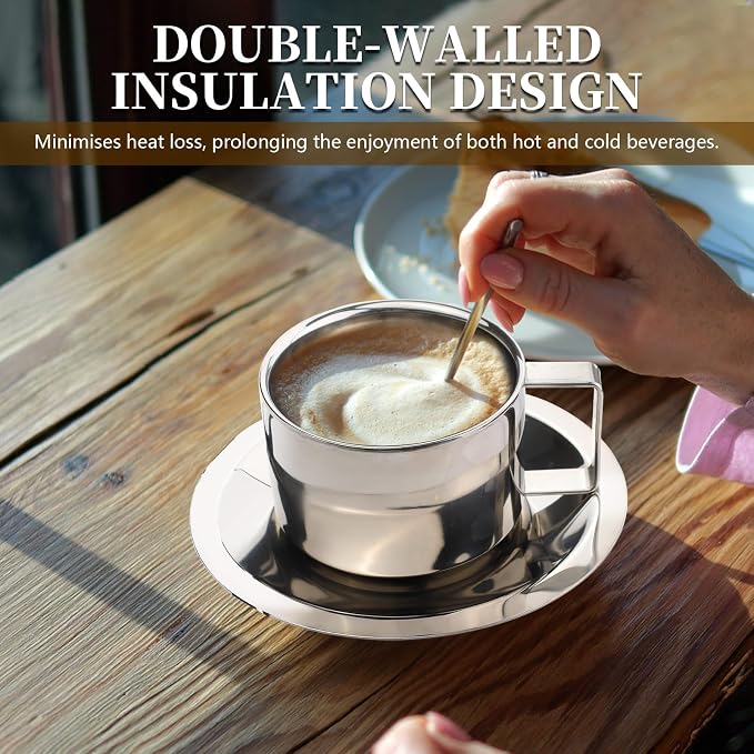 4 Sets of 304 Stainless Steel Coffee Cups with Spoon & Saucer, 6.8 Oz Metal Espresso Mugs, Double Walled Insulated Espresso Coffee Cup for Cappuccino Latte Milk Tea Beverages (4 Sets，200 ml)