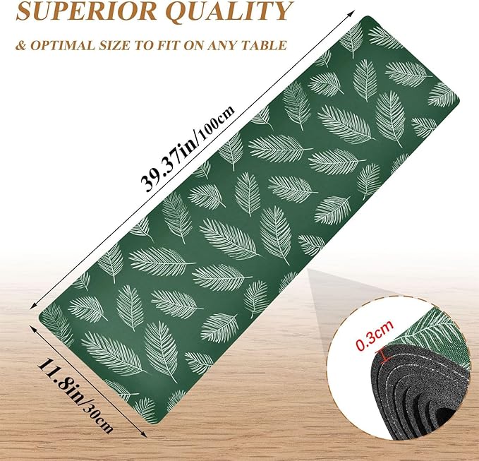 2-in-1 Table Runner Trivet for Hot Dishes Heat Resistant Hot Plate Mat Pad 39x12 Inch Waterproof Table Protector Trivets for Countertop Decorative Green Simple Palm Leaf