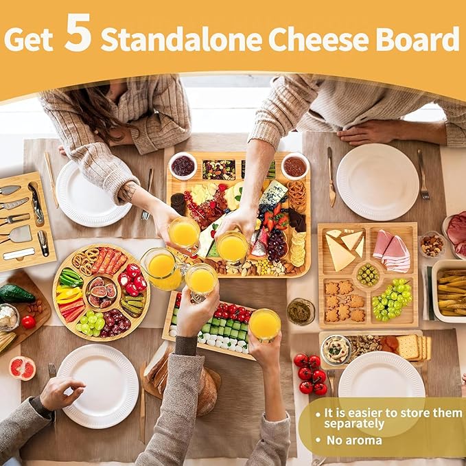 Bamboo Charcuterie Board Gift Set | Large Cheese Board with Hidden Drawers, Knives & Bowls | Perfect Housewarming, Wedding for Couples and Hosts