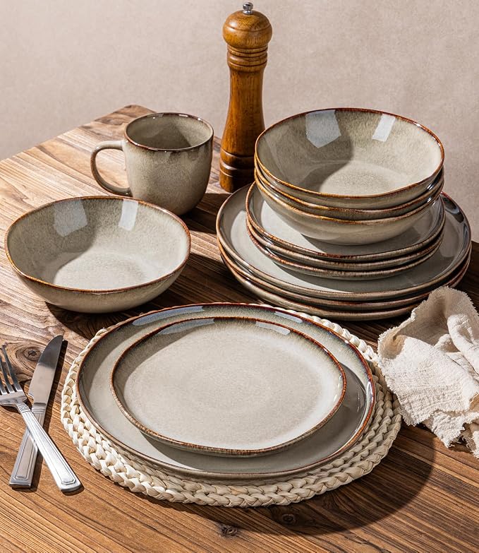 GBHOME Stoneware Dinnerware Sets for 4,12 Pieces Rustic Earthenware Plates and Bowls Set,Handmade Reactive Glaze Ceramic Plate Sets, Chip Resistant Dishes, Microwave & Dishwasher Safe, Smokey Taupe