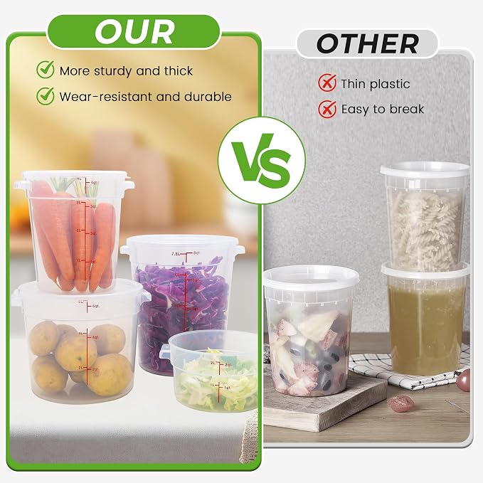 BIEAMA 4 Pack 6 Qt Round Food Storage Containers with Lids, Translucent PP | Include lids, labels, measuring cups and containers with capacity markings for food prep, pantry storage and dough proofing.