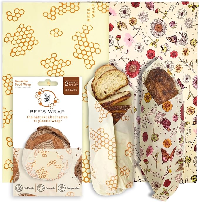 Bee's Wrap Beeswax Wraps for Food - Pack of 2 Bread Wraps - Meadow Magic & Honeycomb - Plastic Free Made in USA Reusable Bread Storage Bags - Organic & Sustainable Sourdough Bags