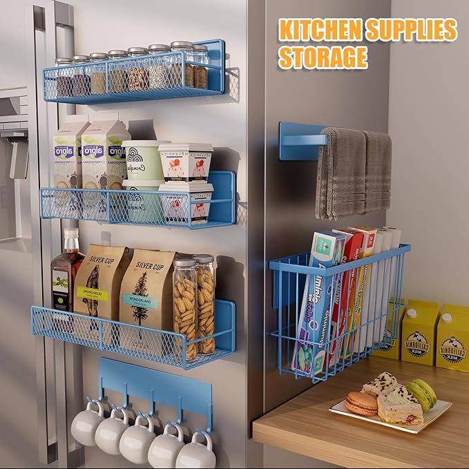 DTUQYX 6-Pack Magnetic Shelves for Washing Machine & Refrigerator, Heavy-Duty Laundry Organizer with Hanger Holder & Deep Baskets, Metal Storage System for Laundry Room (Blue)