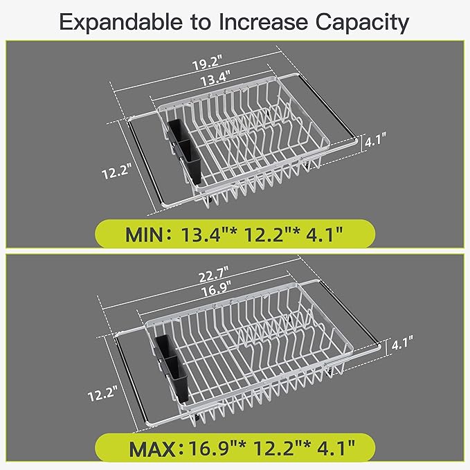 Expandable Stainless Steel Dish Drying Rack Over The Sink For Small Kitchen, Counter Space Saving Compact Metal Plate Drainer Strainer, Adjustable Hanging Inside Sink Rust Proof Wire Dryer Holder