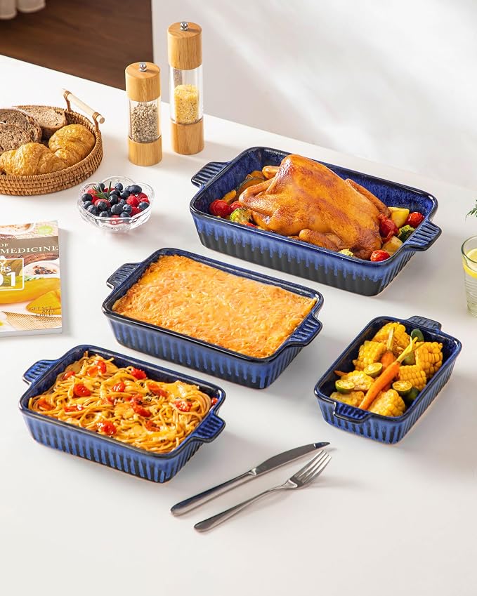 vancasso Ceramic Casserole Dishes for Oven, Reactive Glaze Bakeware Set of 4, Deep Rectangular Baking Dishes with Handles, Lasagna Pan Set, Microwave & Dishwasher Safe, Blue (9.4"/11.1"/12.2"/14.7")