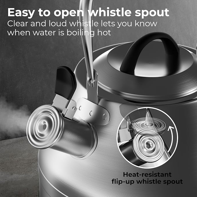 Stovetop Whistling Tea Kettle 2.4 QT / 2.3L, Stainless Steel Water Kettle for Induction, Gas & Electric Stoves, Fast Boiling Tea Kettle with Loud Whistle, Cool Touch Handle, Wide Lid, Satin, Silver