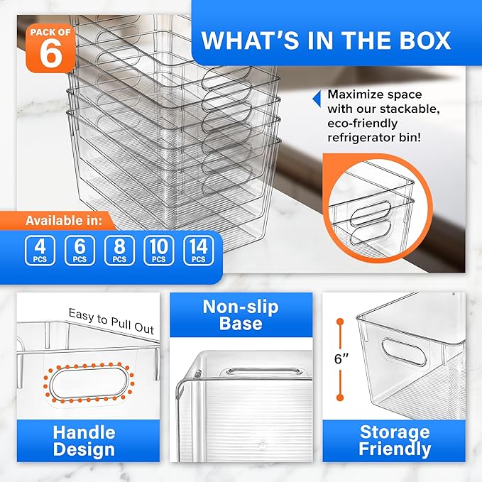 Lifemaster Stackable Refrigerator Bins - Set of 6 Large Capacity Organizers with Easy Grip Handles - Clear and Versatile for Kitchen Storage