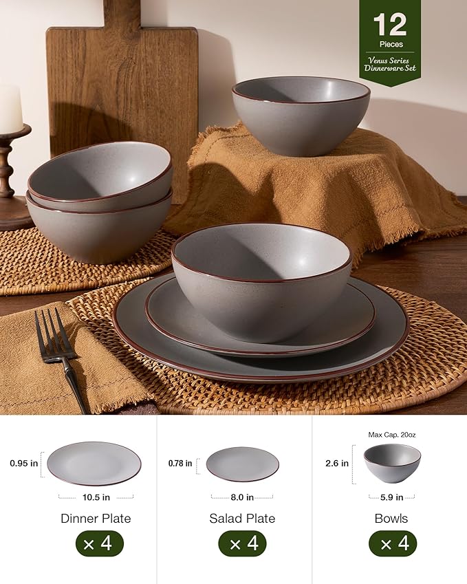 Famiware Venus Plates and Bowls Sets with Trim, 12 Pieces Speckled Stoneware Dishes Dinnerware Set for 4, Matte Dark Gray - Microwave & Dishwasher Safe, Modern Minimalist, Everyday & Formal Dining
