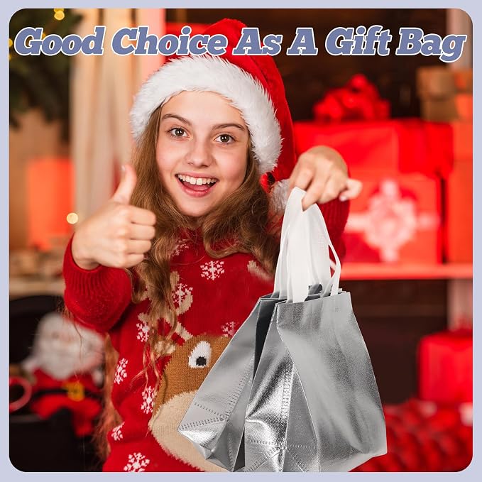 Eccliy Reusable Gift Bags Set Glossy Grocery Gift Tote Bag with Handle for Wedding, Bridal Shower, 4th of July, Summer Event(10 x 8 x 4.7 Inch,Silver,80 Pcs)