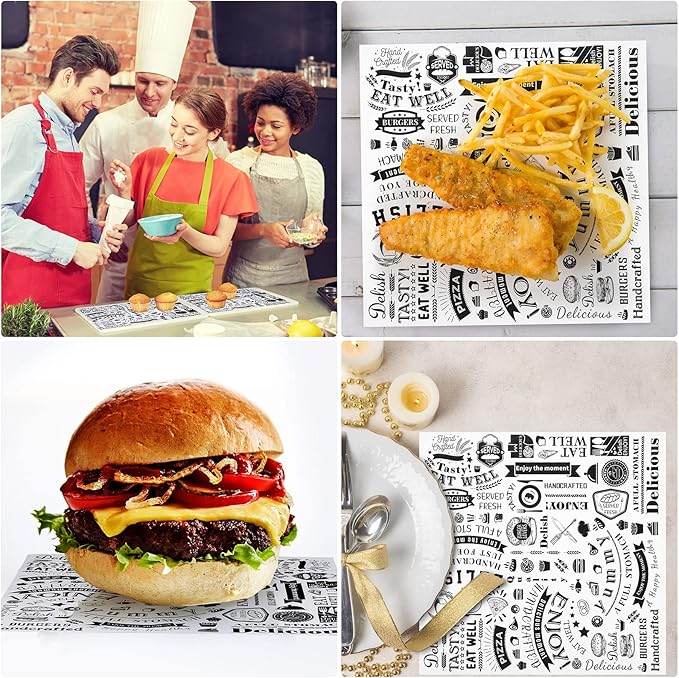 Marspark 200 Pcs Deli Wax Paper Sheets 12 x 12 Inches Square Grease Resistant Tray Basket Liners Hot Dog Wrappers Newsprint Water and Grease Proof Sandwich Wrapping Paper for Food Baking (White Black)