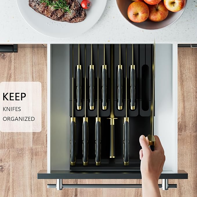 Domax Bamboo In-Drawer Knife Block - Kitchen Drawer Organizer Insert, Steak Knife Holder without Knives, Fits 12 Knives and 1 Sharpening Steel (Not Included), Black