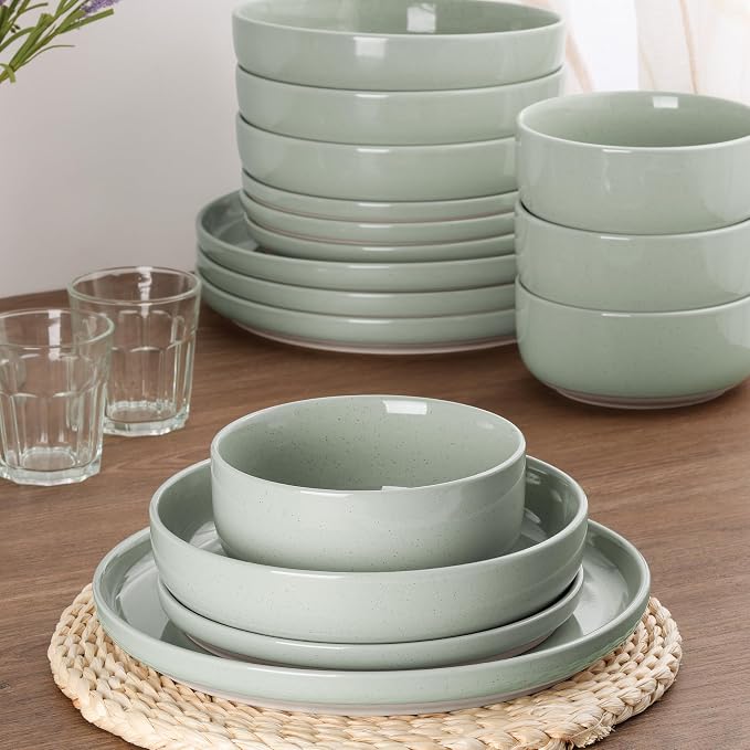 HaWare 8-Piece Plates and Bowls Set for 2, Stoneware Dinnerware Sets with Pasta Bowl, Dishes Set for Home Restaurant, Speckled Asparagus Green