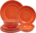 Rustic Melamine Dinnerware Sets, Farmhouse Dishes Set for 4, Lightweight 12 Piece Kitchen Plates and Bowls Set for Indoor and Outdoor Use, Dishwasher Safe, Orange