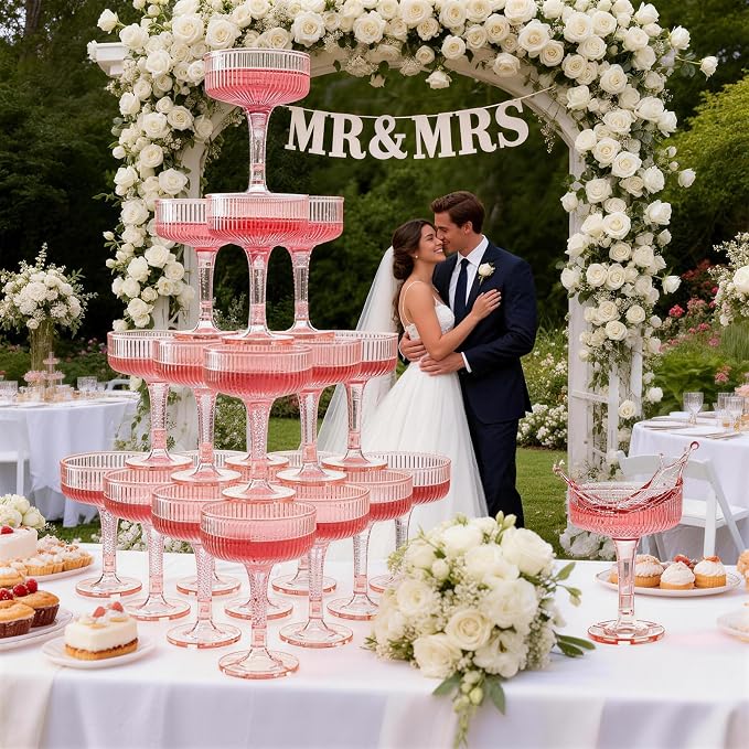 Goodluck 4-Tier Champagne Glasses - 20 PCS 7oz Pink Plastic Champagne Flutes, Plastic Coupe Glasses with Vertical Stripes for Weddings, Celebrations, Parties & Birthdays