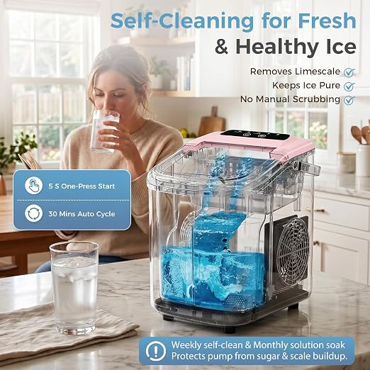 Countertop Ice Maker, Portable Ice Machine with Carry Handle Basket and Scoop, 9 Bullet Cubes Ready in 6 Mins, 26lbs Daily, Self-Cleaning for Home, Kitchen, Camping, RV