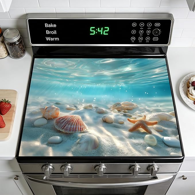 Stove Top Covers for Electric Stove: Sea Design Heat Resistant Protector Glass Stove Top Expands Counter Space, Stylish Kitchen Decor 28.5'' 20.5''