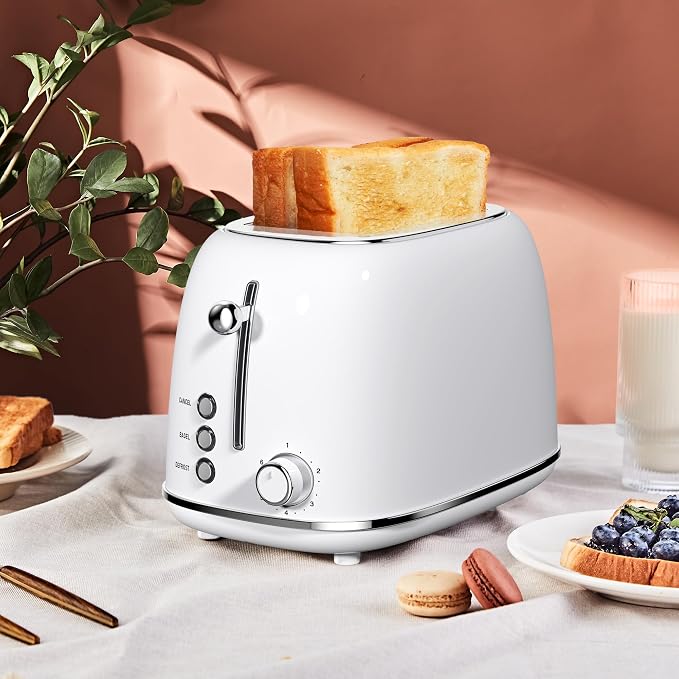 Roter Mond 2 Slice Toaster Retro Stainless Steel with Bagel, Cancel, and Defrost Functions, 6 Bread Shade Settings, Extra Wide Slots and Removable Crumb Tray, White