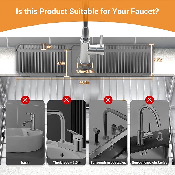 ZJWZLG Faucet Mat for Kitchen Sink, 24"X5.5" Silicone Sink Splash Guard with Soap Holder, Snap-On Design & 7°slope Fast Drain, Folding Sink Faucet Mat for Universal Kitchen Bathroom Sink（Grey）