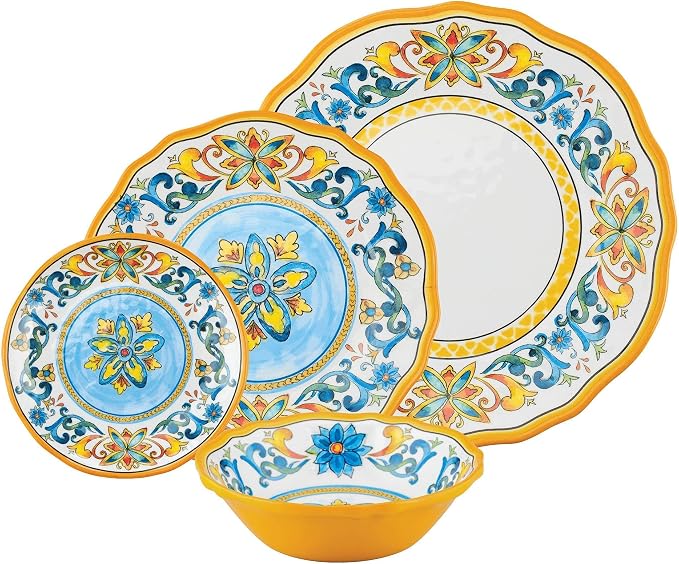UPware 16 Piece Chianti Melamine Dinnerware Sets, Outdoor Dishes Set, Plates and Bowls Sets, Service for 4, Multicolor