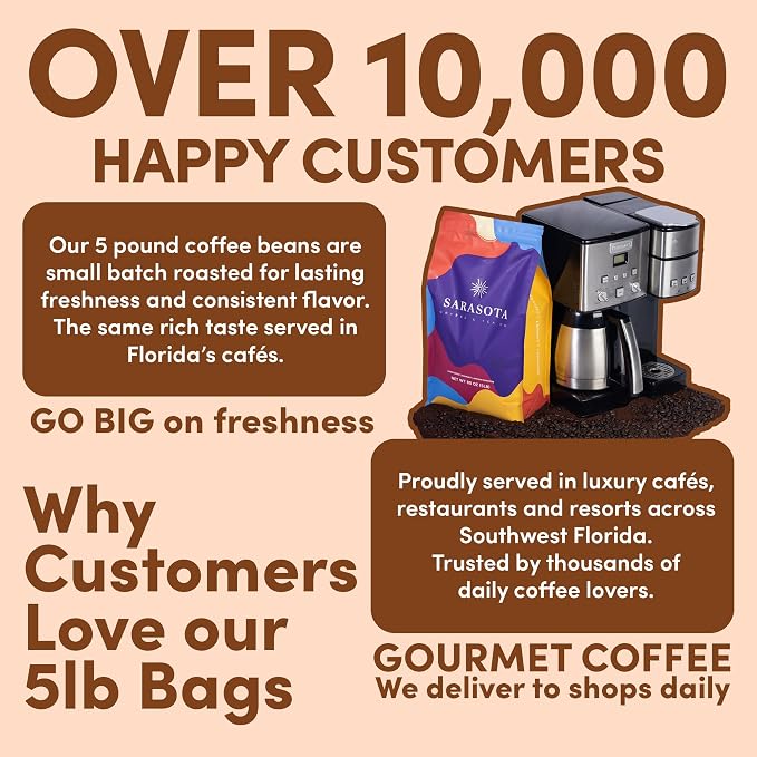 Sarasota Coffee Whole Bean Salted Caramel | Medium Roast Gourmet Flavored Coffee Beans | Low Acid, Mold Free, Specialty Grade Bulk Beans | 5lb (80 oz)