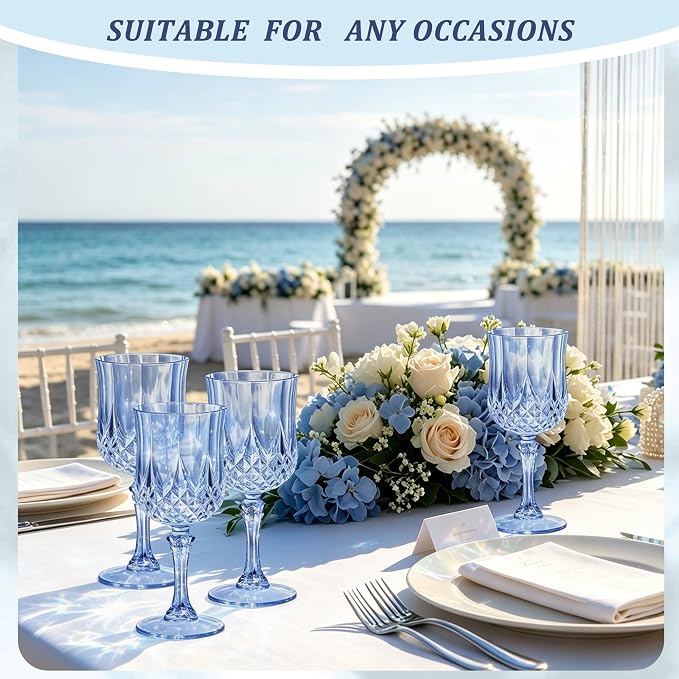 7OZ Plastic Wine Glasses, Reusable Vintage Goblets Unbreakable Drinking Glasses Crystal Water Cups Champagne for Wedding, Parties (100, Blue)