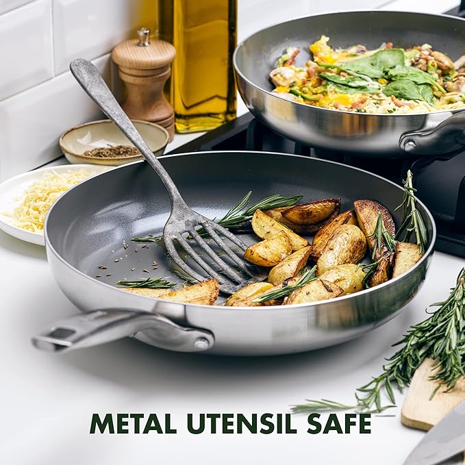 GreenPan Chatham Tri-Ply Stainless Steel Healthy Ceramic Nonstick 8" and 10" Frying Pan Skillet 2-Piece Set, PFAS-Free, Multi Clad, Induction, Dishwasher Safe, Oven Safe, Silver
