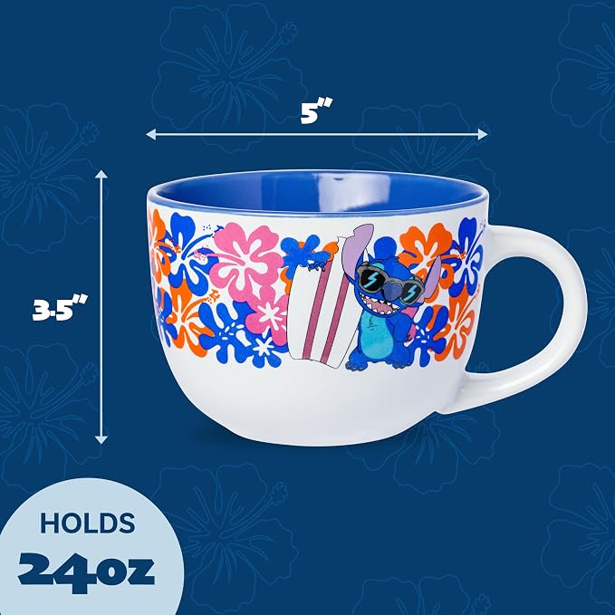 Silver Buffalo Disney Lilo and Stitch Tropical Flowers and Sunnies Shade Ceramic Soup Mug, 24 Ounces