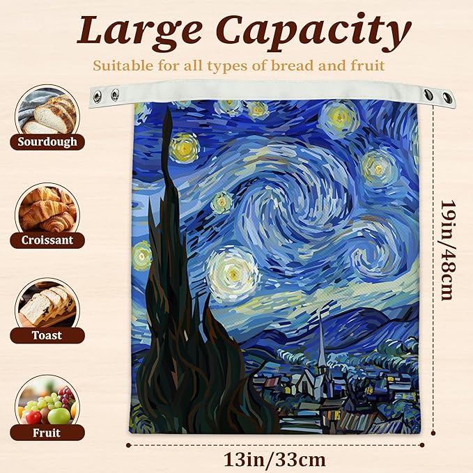 Bread Bags for Homemade Bread, Starry Night 2 Pack Linen and Beeswax Sourdough Storage Bags, Reusable Keeper, Keeps Breads Fresh Longer, Gifts for Bakers