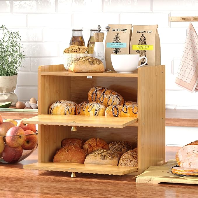 Trironsun Rustic Bread Box for Kitchen Countertop Bamboo Bread Storage Container Bin Double Layer BreadBox Farmhouse Large Capacity Food Organizer (Natural Bamboo)