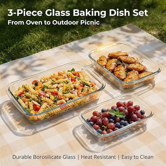 High Borosilicate Glass Baking Dishes for Oven, (2.3QT, 1.6QT, 1.0QT, 3 Pack) Rectangular Bakeware Sets, Deep Glass Casserole Dishes with Handle for Microwave, Baking, Meal Preparation