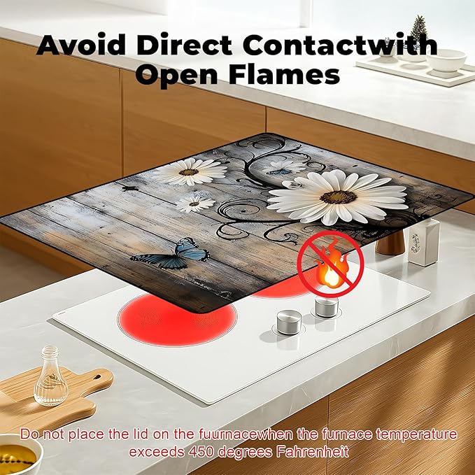 Heat-Resistant Glass Stove Top Cover with Anti-Slip Rubber Coating – Electric Stove Protector, Scratch-Resistant, Expands Counter Space, Stylish Kitchen Decor (Daisy)