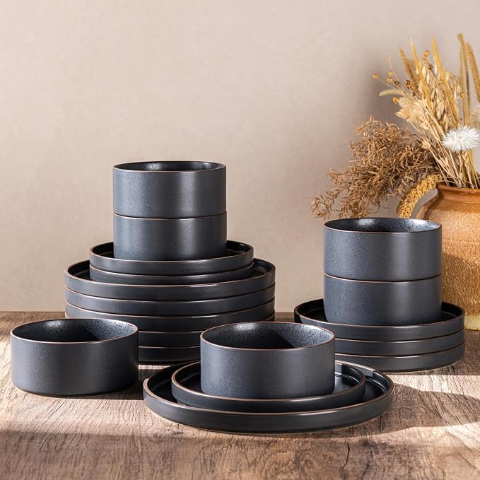 LERATIO Ceramic Dinnerware Sets of 4, High Edge Stoneware Plates and Bowls Set, Chip and Crack Resistant | Oven & Dishwasher & Microwave Safe Dishes Set, Service for 4 -Ashen