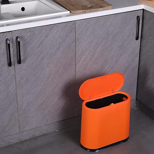 Sooyee 10 Liter Rectangular Plastic Trash Can Wastebasket with Press Type Lid,2.4 Gallon Garbage Container Bin for Bathroom,Powder Room,Bedroom,Kitchen,Craft Room,Office,Orange