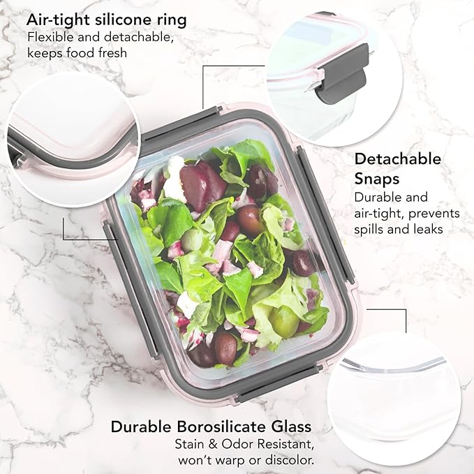 ECOBERI 4.5 Cup Glass Meal Prep Containers with Lids & Silicone Sleeves, 5-Pack Airtight, Leak-Resistant Food Storage Containers for Fridge, Freezer, Oven & Microwave
