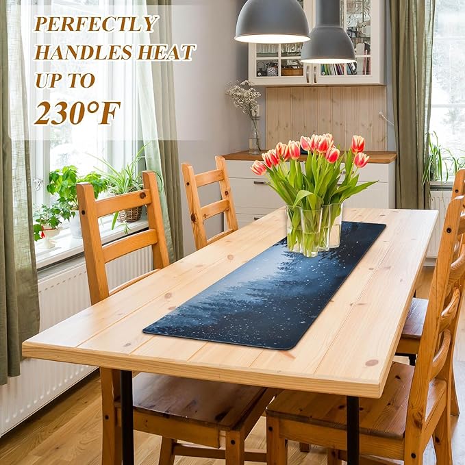 2-in-1 Table Runner Trivet for Hot Dishes Heat Resistant Hot Plate Mat Pad 39x12 Inch Waterproof Table Protector Trivets for Countertop Decorative Watercolor Winter Mountain Blue