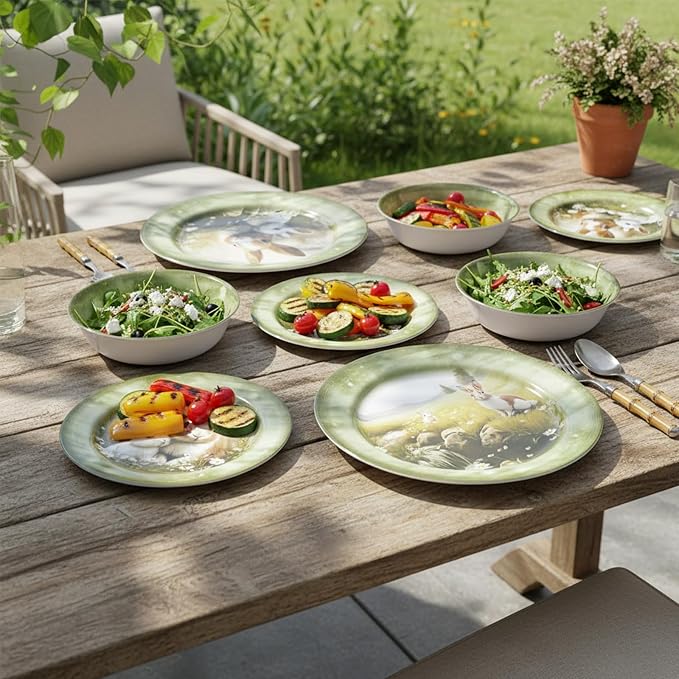 12-Piece Green Bunny Melamine Dinnerware Set，Garden Parties & Everyday Use | Lightweight Melamine Plate & Bowl Set for 4,Shatterproof Dishes Perfect for Family Gatherings & Stylish Dining Room Settings