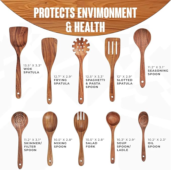 Wooden Spoons for Cooking, 11 PCS Teak Wood Utensil Set with Holder – Heat Resistant, Nonstick Safe, Smooth Finish, Lightweight & Durable Kitchen Tools