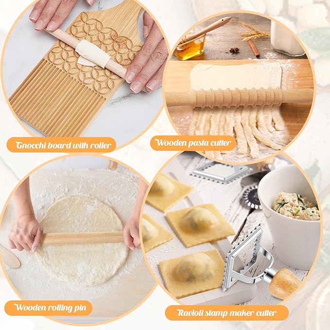 Tioncy 7 Pcs Pasta Making Tool Set, Wood Gnocchi Board with Ravioli Stamp Ravioli Maker and Rolling Pin Homemade Gnocco Maker, Kitchen Gift for Home Cooks and Baking Lovers(Pattern Gnocchi Board Set)