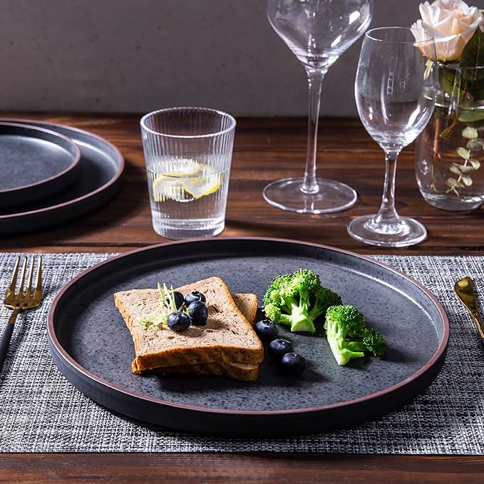 LERATIO Ceramic Dinnerware Sets of 4, High Edge Stoneware Plates and Bowls Set, Chip and Crack Resistant | Oven & Dishwasher & Microwave Safe Dishes Set, Service for 4 -Ashen