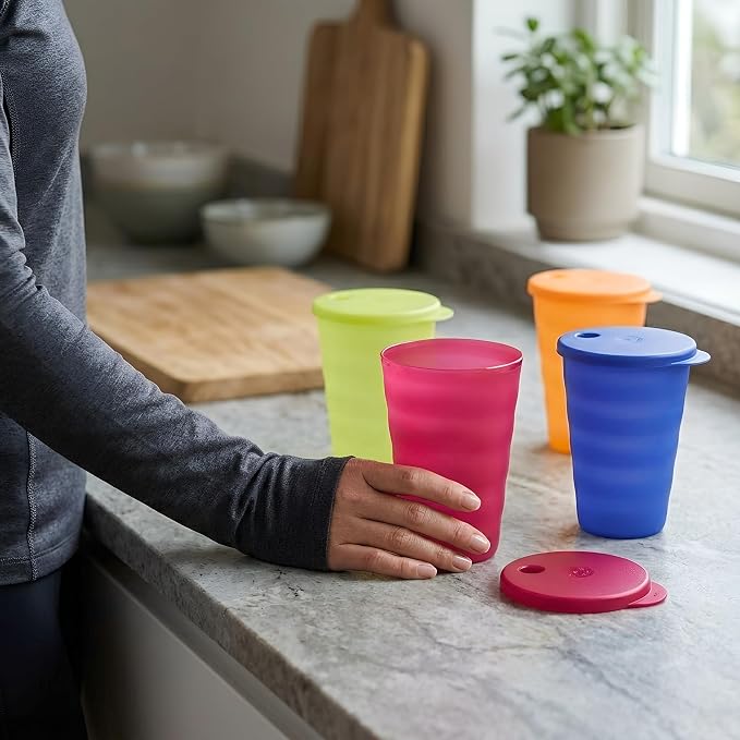 Tupperware Brand Impressions 16 oz Tumblers - Set of 4 - Dishwasher Safe & BPA Free - Mess-Free Reusable Plastic Cups with Lids