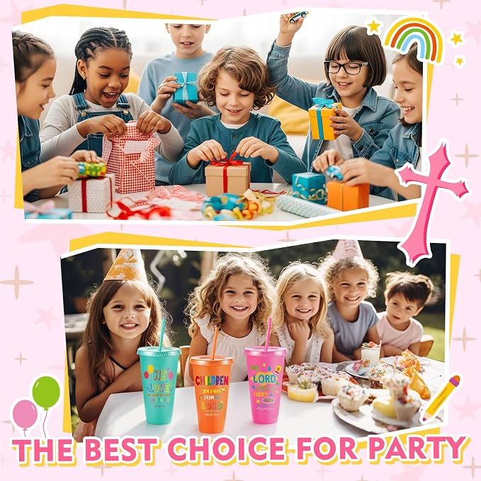 Uiifan 30 Pcs Christian Cups Bulk for Kids, Vacation Bible School Gifts Religious Plastic Tumblers with Bible Verses, Sunday School and Church Gifts, Reusable Cups with Lids and Straws (Pastel)