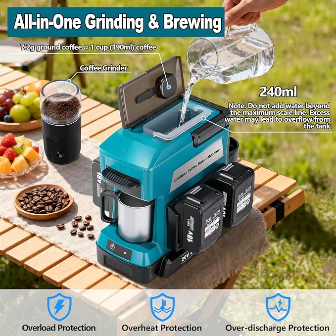 Taingwei Cordless Coffee Maker for Makita 18V Battery, Portable Drip Coffee Maker with Electric Coffee Grinder for RV, Camping, Travel, Car, Hiking (Battery Not Included)