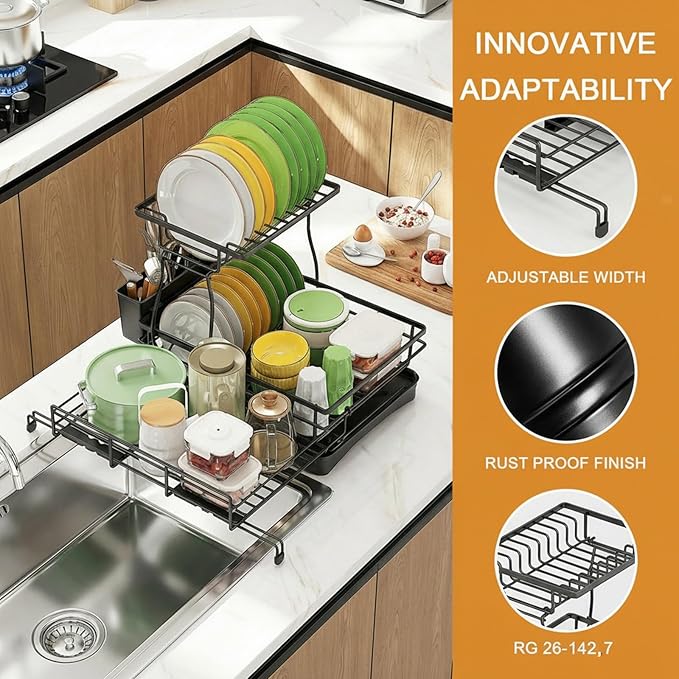Over The Sink Large 2 Tier Dish Drying Rack Expandable,Dish Drainers for Kitchen Counter,Rustproof Utensils