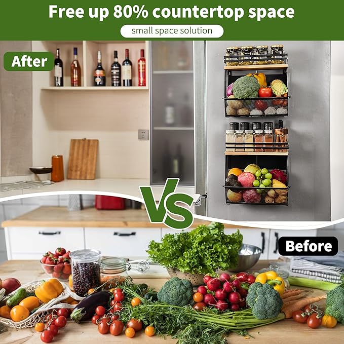Imncya Magnetic Shelf for Refrigerator, Fridge Magnetic Fruit Basket Spice Rack with Wood Lid, Potato Onion Storage Organizer Magnetics Shelves for Refrigerator, Kitchen Counter, Pantry