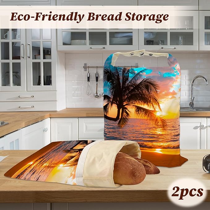 Bread Bags for Homemade Bread, Tropical Palm Sunset Trees Sea Beach 2 Pack Linen and Beeswax Sourdough Storage Bags, Reusable Keeper, Keeps Breads Fresh Longer, Gifts for Bakers