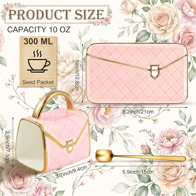 Zubebe 1 Set Coffee Mug Elegant Handbag Shaped Cup Modern Ceramic Purse Mug with Spoon and Saucer, 10oz Cute Creative Tea Cup for Woman Girls Gift (Pink)